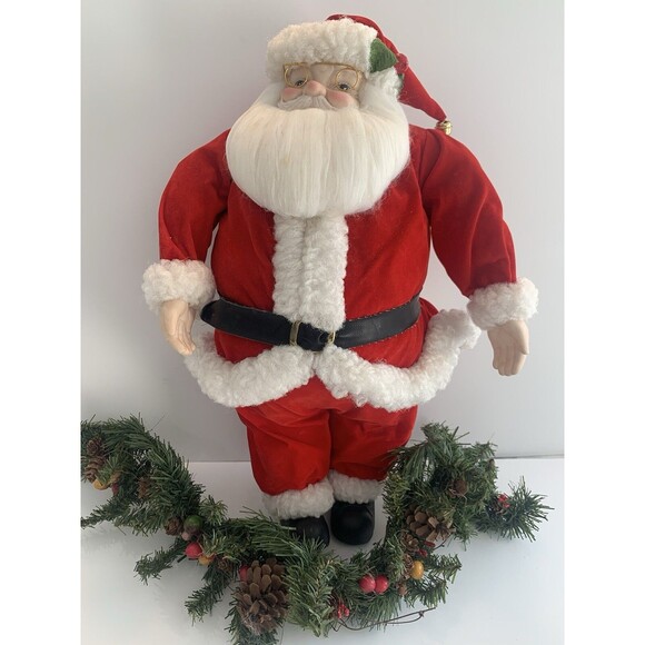 Vintage Taiwan Christmas Santa Claus Figurine Velvet Ceramic Face 18" Plush